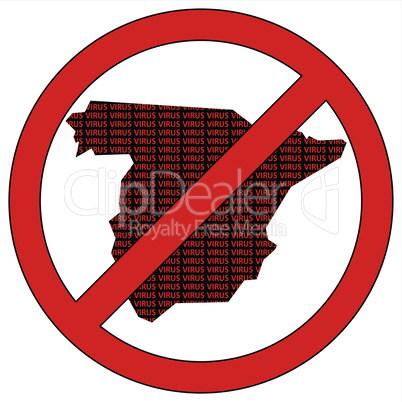 Spain silhouette with the word virus in prohibitory sign