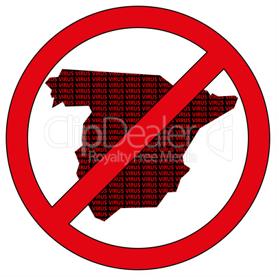 Spain silhouette with the word virus in prohibitory sign