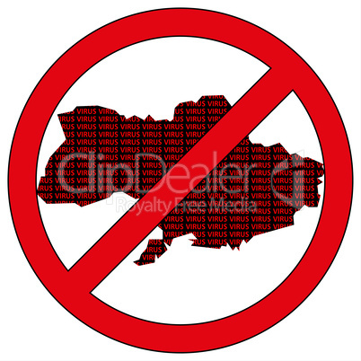 Ukraine silhouette with the word virus in prohibitory sign