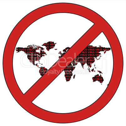 World map silhouette with the word virus in prohibitory sign