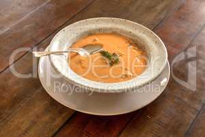 Fresh Seafood meal of Lobster bisque soup in a bowl