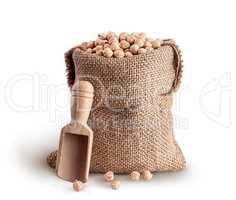 Sack with chickpeas and wooden scoop