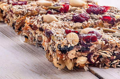 Closeup cereal granola bar with nuts