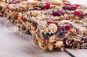 Closeup cereal granola bar with nuts