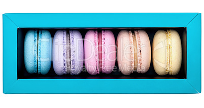 Multicolored macaroon in box top view