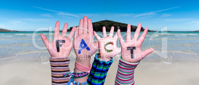 Children Hands Building Word Fact, Ocean Background