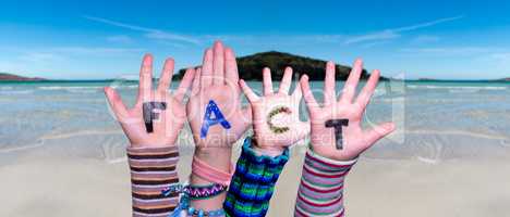 Children Hands Building Word Fact, Ocean Background