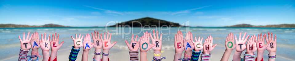 Children Hands Building Word Take Care For Each Other, Ocean Background
