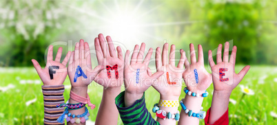 Children Hands Building Word Familie Means Family, Grass Meadow