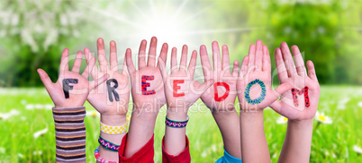 Children Hands Building Word Freedom, Grass Meadow