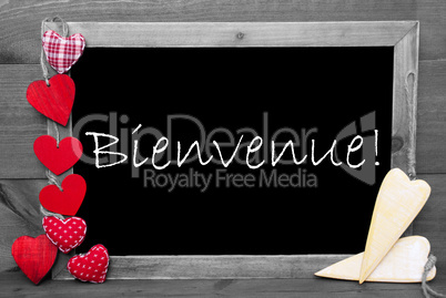 Balckboard With Red Heart Decoration, Text Bienvenue Means Welcome