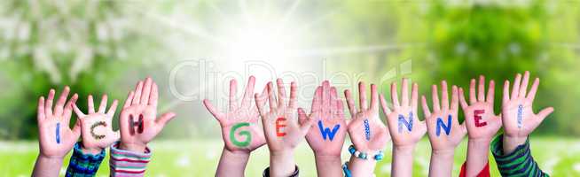 Children Hands Building Word Ich Gewinne Means I Am Winning, Grass Meadow