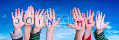Children Hands Building Word Join Me, Blue Sky