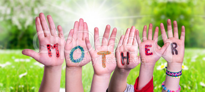 Children Hands Building Word Mother, Grass Meadow