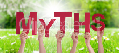 People Hands Holding Word Myths, Grass Meadow