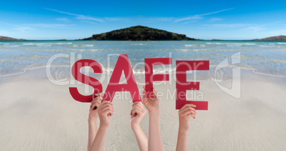 People Hands Holding Word Safe, Ocean Background