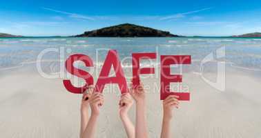 People Hands Holding Word Safe, Ocean Background