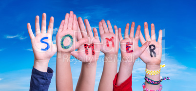 Children Hands Building Word Sommer Means Summer, Blue Sky