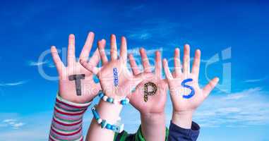 Children Hands Building Word Tips, Blue Sky