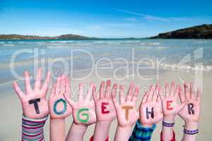Children Hands Building Word Together, Ocean Background