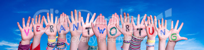 Children Hands Building Word Verantwortung Means Resposibility, Blue Sky