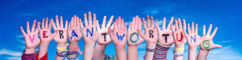 Children Hands Building Word Verantwortung Means Resposibility, Blue Sky