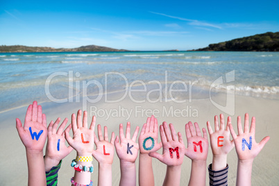 Children Hands Building Word Willkommen Means Welcome, Ocean Background