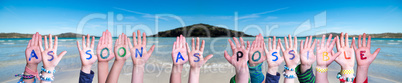 Children Hands Building Word As Soon As Possible, Ocean Background