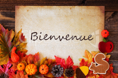Old Paper With Autumn Decoration, Bienvenue Means Welcome