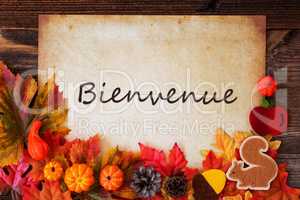 Old Paper With Autumn Decoration, Bienvenue Means Welcome