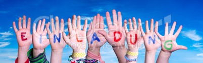 Children Hands Building Word Einladung Means Invitation, Blue Sky