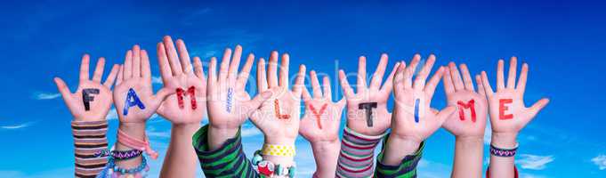 Children Hands Building Word Familytime, Blue Sky