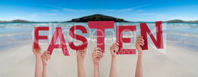 People Hands Holding Word Fasten Means Fasting, Ocean Background