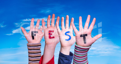 Children Hands Building Word Fest Means Celebration, Blue Sky