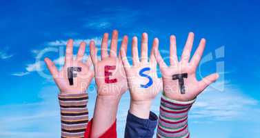 Children Hands Building Word Fest Means Celebration, Blue Sky