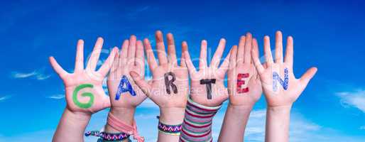 Children Hands Building Word Garten Means Garden, Blue Sky