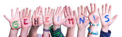Children Hands Building Word Geheimnis Means Secret, Isolated Background