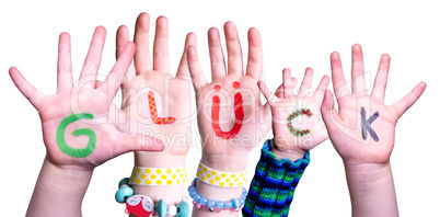 Children Hands Building Word Glueck Means Luck, Isolated Background