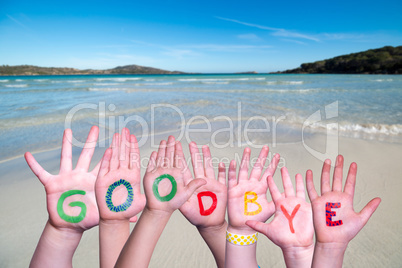 Children Hands Building Word Goodbye, Ocean Background