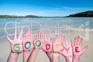 Children Hands Building Word Goodbye, Ocean Background