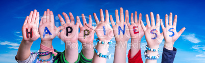 Children Hands Building Word Happiness, Blue Sky