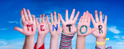 Children Hands Building Word Mentor, Blue Sky