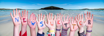 Children Hands Building Word Newsletter, Ocean Background