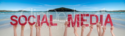 People Hands Holding Word Social Media, Ocean Background