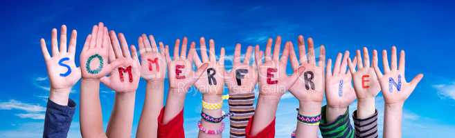Children Hands Building Word Sommerferien Means Summer Holdiays, Blue Sky