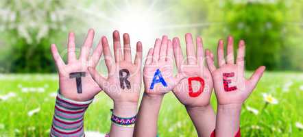 Children Hands Building Word Trade, Grass Meadow