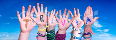 Children Hands Building Word Trivia, Blue Sky