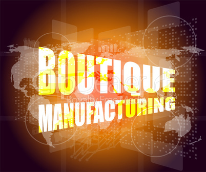 words boutique manufacturing on touch screen technology background