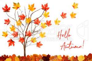 Tree With Colorful Leaf Decoration, Leaves Flying Away, Text Hello Autumn