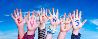 Many Children Hands Building Word Events, Blue Sky